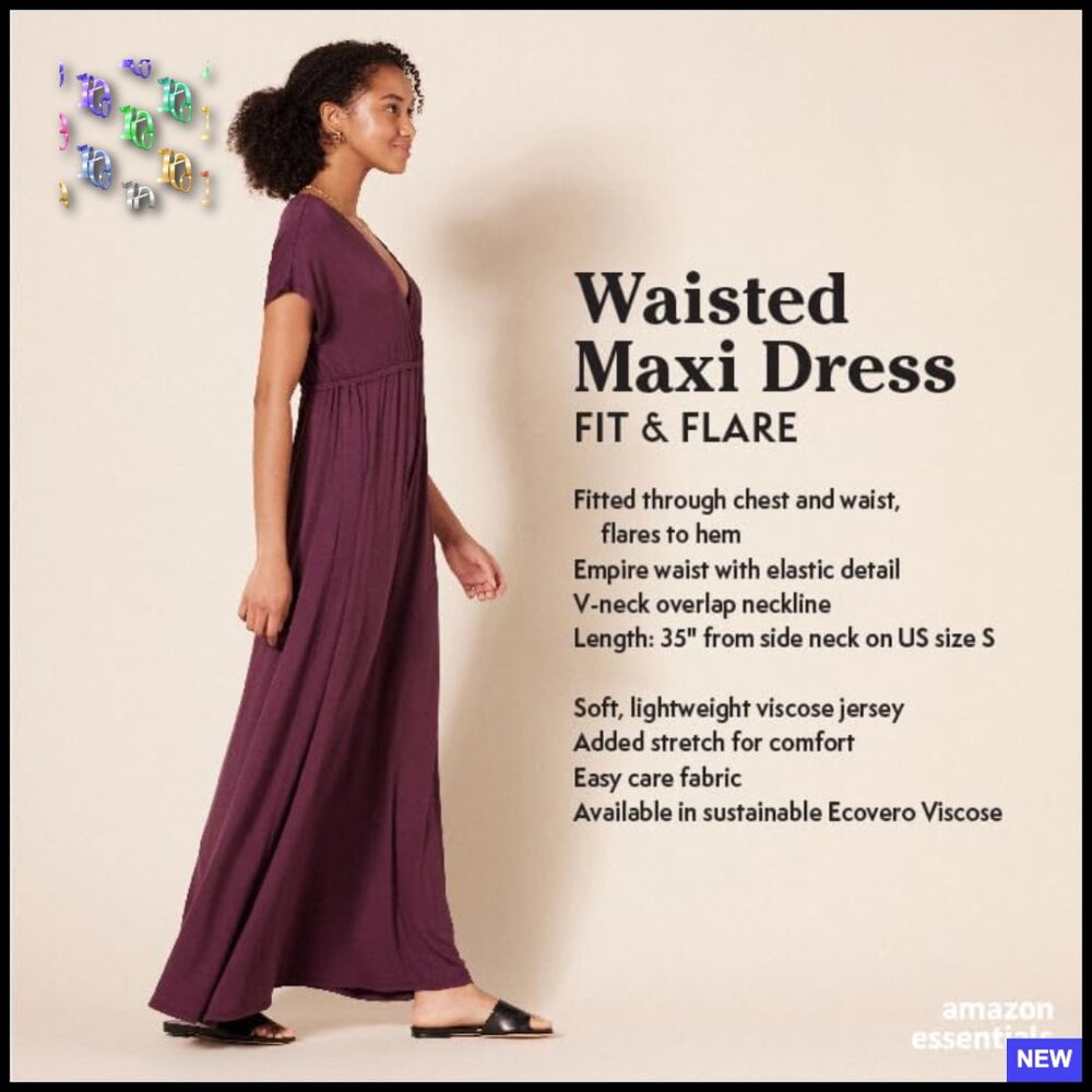 V Neck Short Sleeve Waisted Maxi Dress Flowy Fit & Flare Elegant Day to Night - Picture 2 of 7